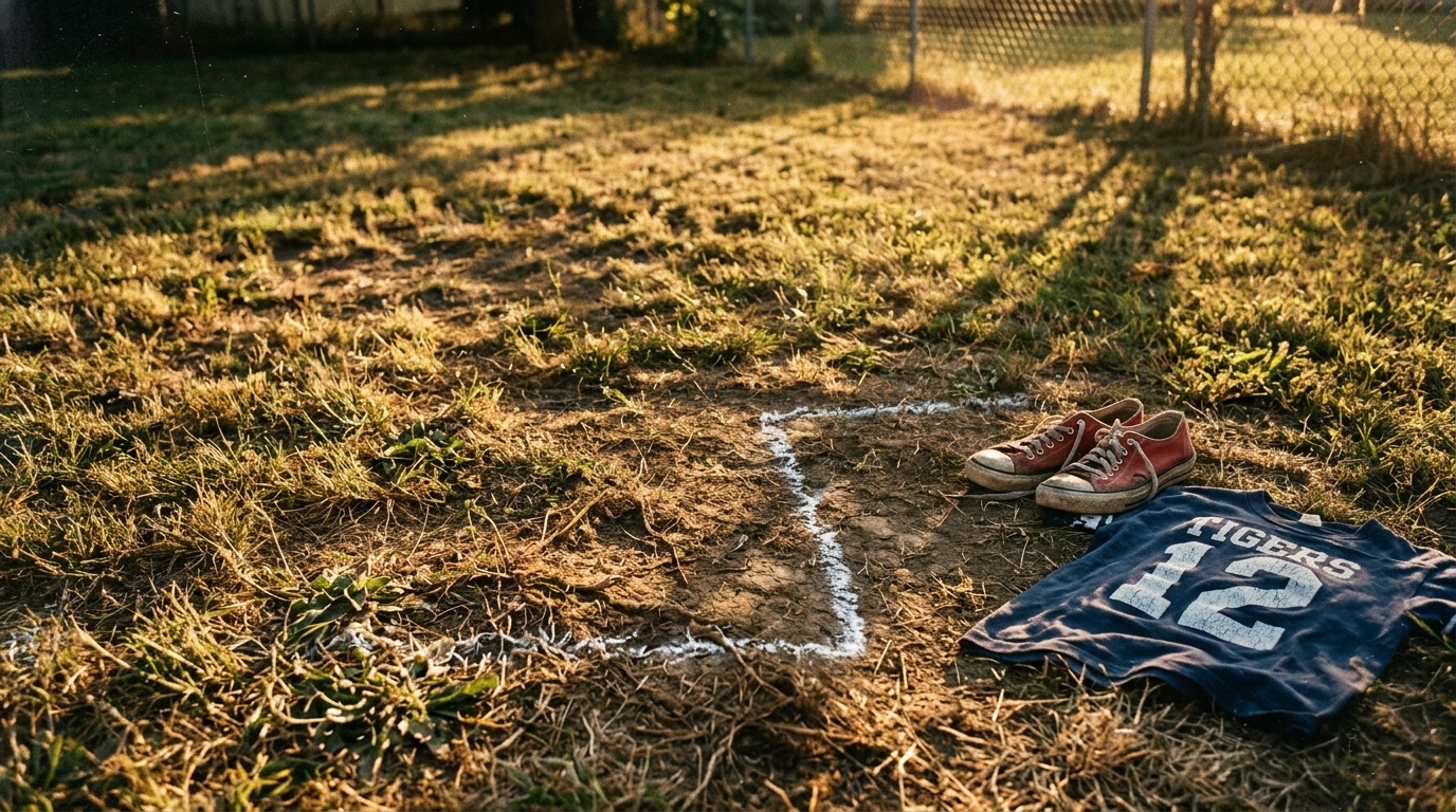 A worn patch of backyard grass used as a neighborhood football field in late summer light