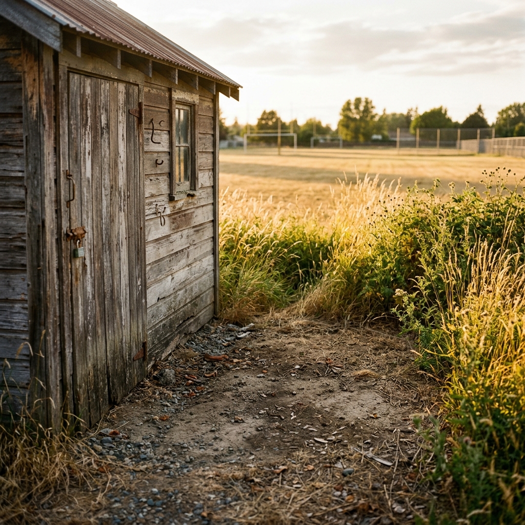 A patch of dirt and gravel behind an old shed, empty in the late afternoon