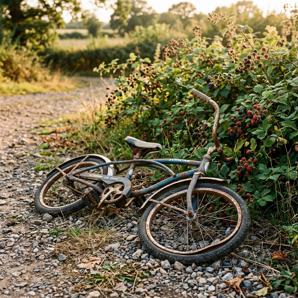 A battered bicycle lying in gravel beside a blackberry bush