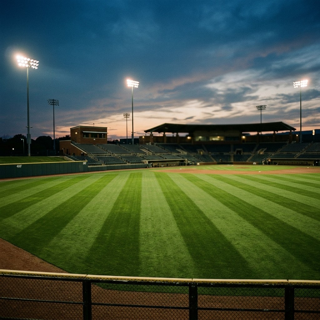 An empty college baseball outfield at dusk with the lights on