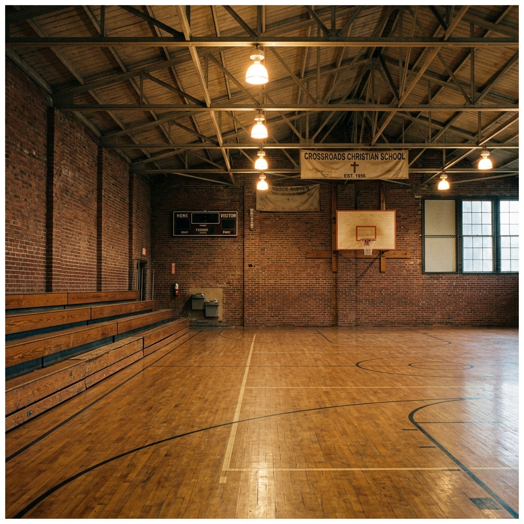 A small Christian school gym with wooden bleachers and a single row of lights above the court