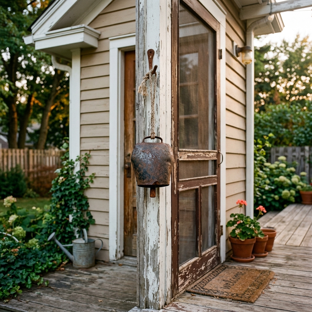 A well-worn cowbell hanging beside a back porch door