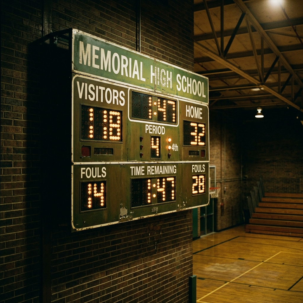 A high school scoreboard showing a lopsided score late in the fourth quarter