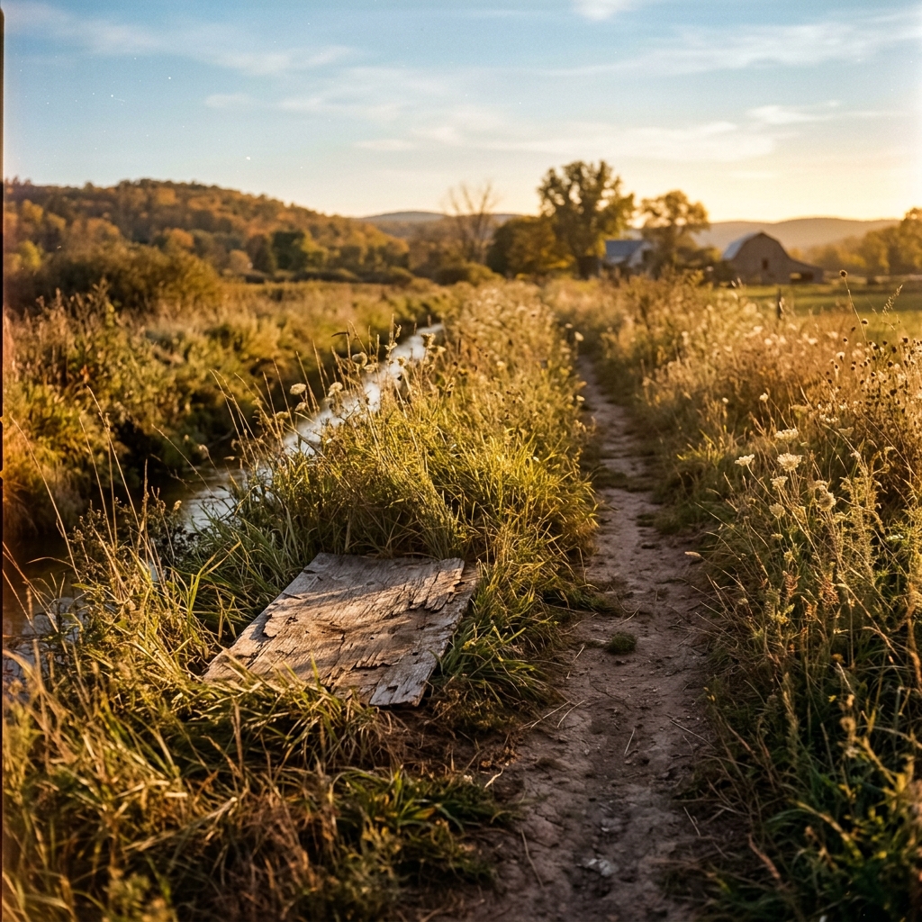A dirt path along a weedy irrigation ditch bank in early morning