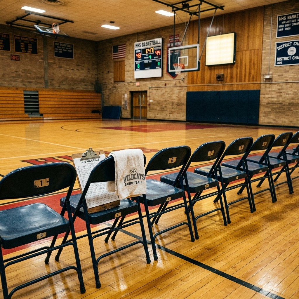 An empty high school basketball bench with a clipboard left on a chair