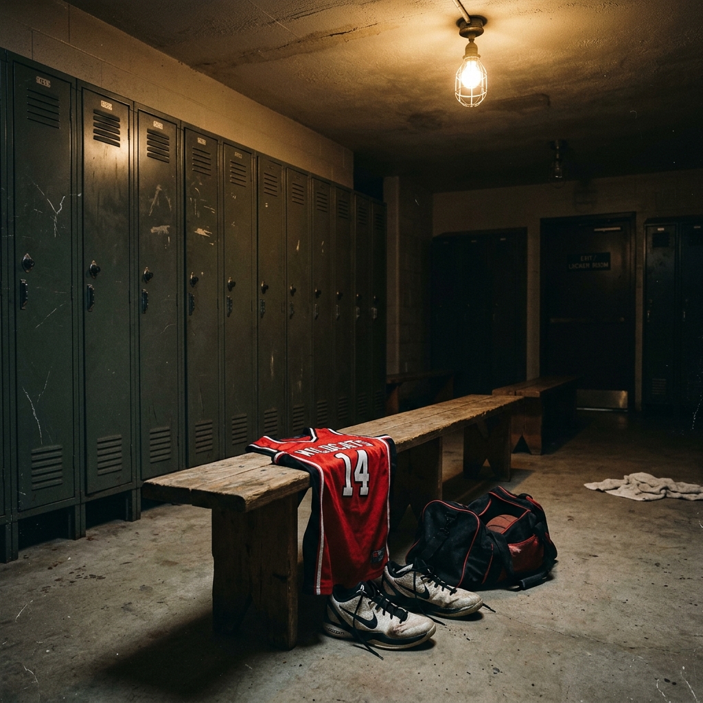 An empty high school locker room after a loss