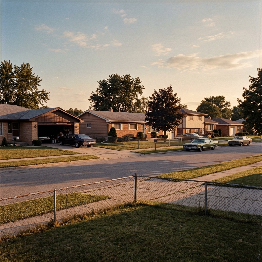 An empty residential street with long evening shadows and no one in sight