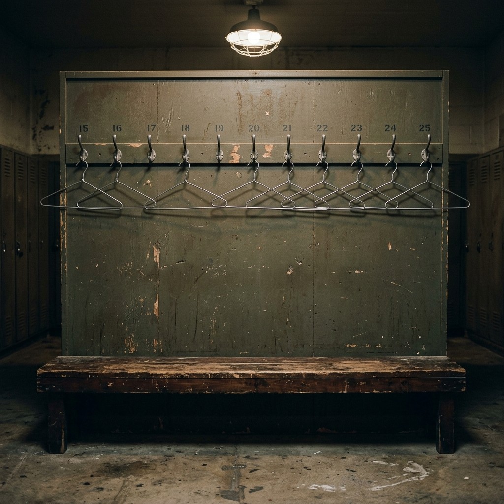 Empty hooks in a locker room with the team gear taken down
