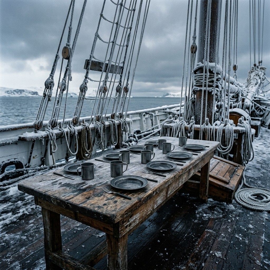 Tin plates and mugs set in a row on a frost-covered ship's table