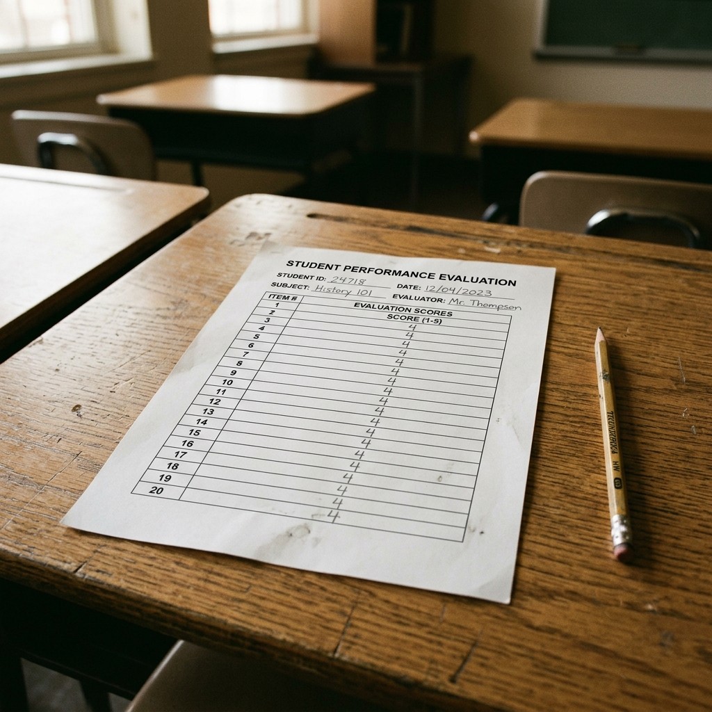 A completed evaluation form with the same number written down every row