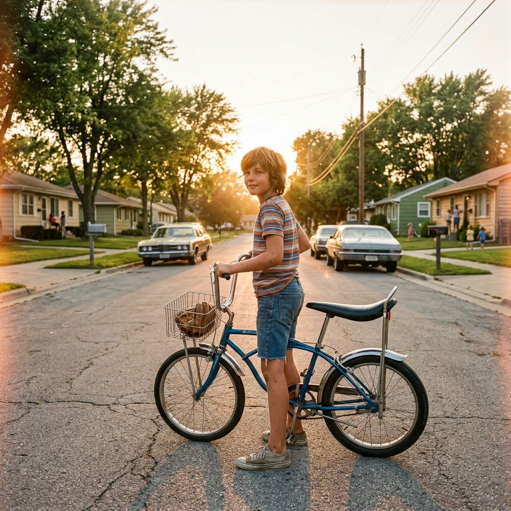 A boy on a battered bicycle at the end of a 1970s neighborhood street