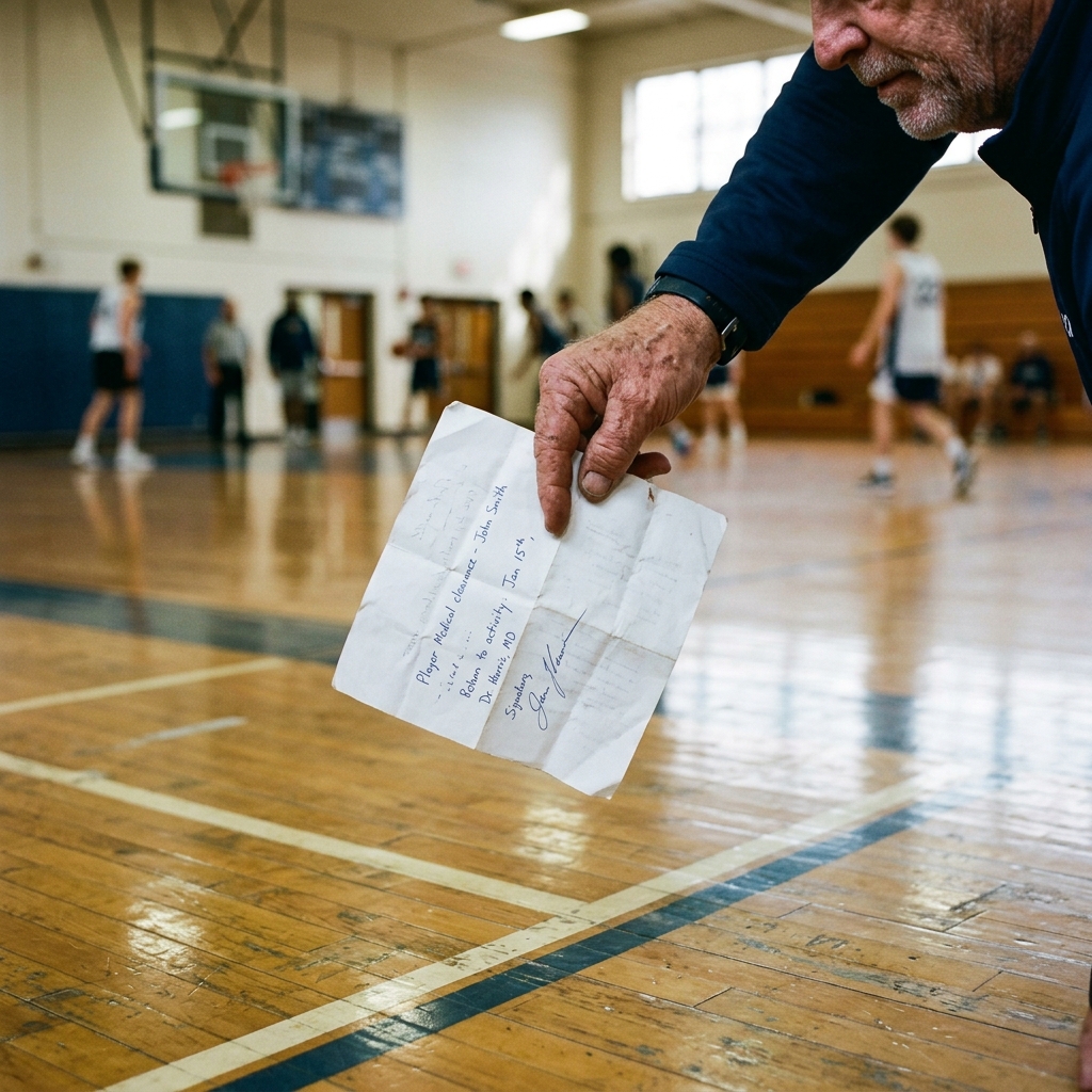 A folded sheet of paper held in a coach's hand on a hardwood gym floor