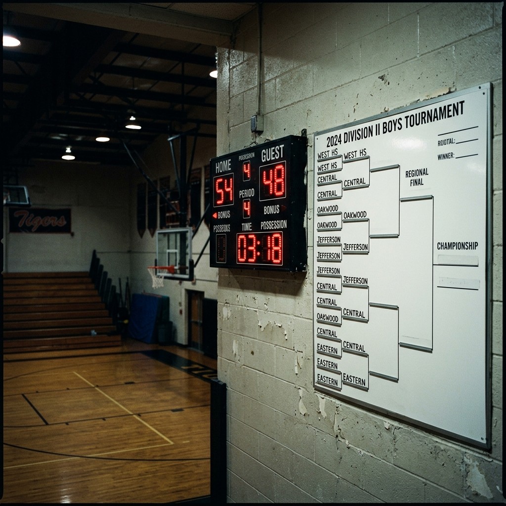 A small gym scoreboard beside a tournament bracket board with empty slots