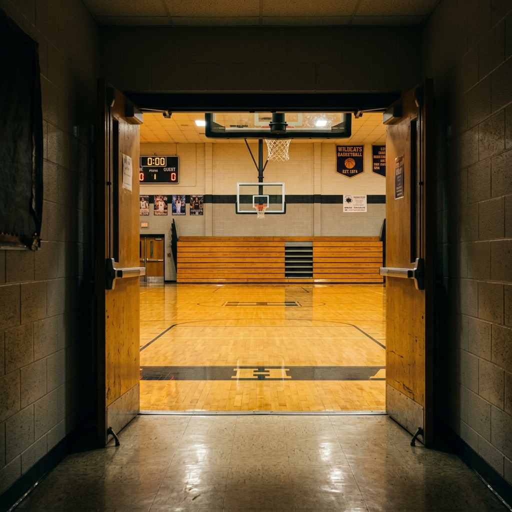 An empty gym doorway with the lights still on after tryouts have ended