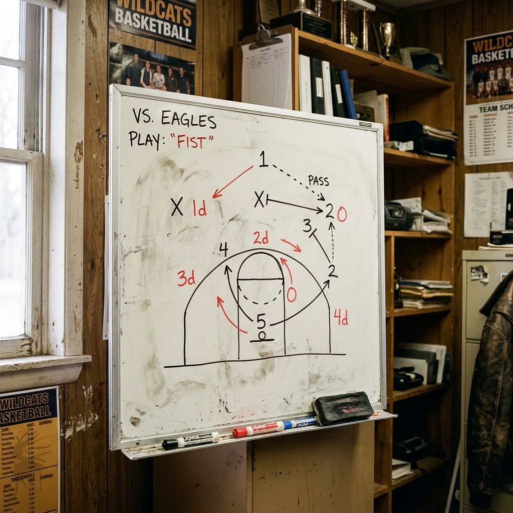A practice whiteboard in a small gym with a half-court diagram drawn in marker