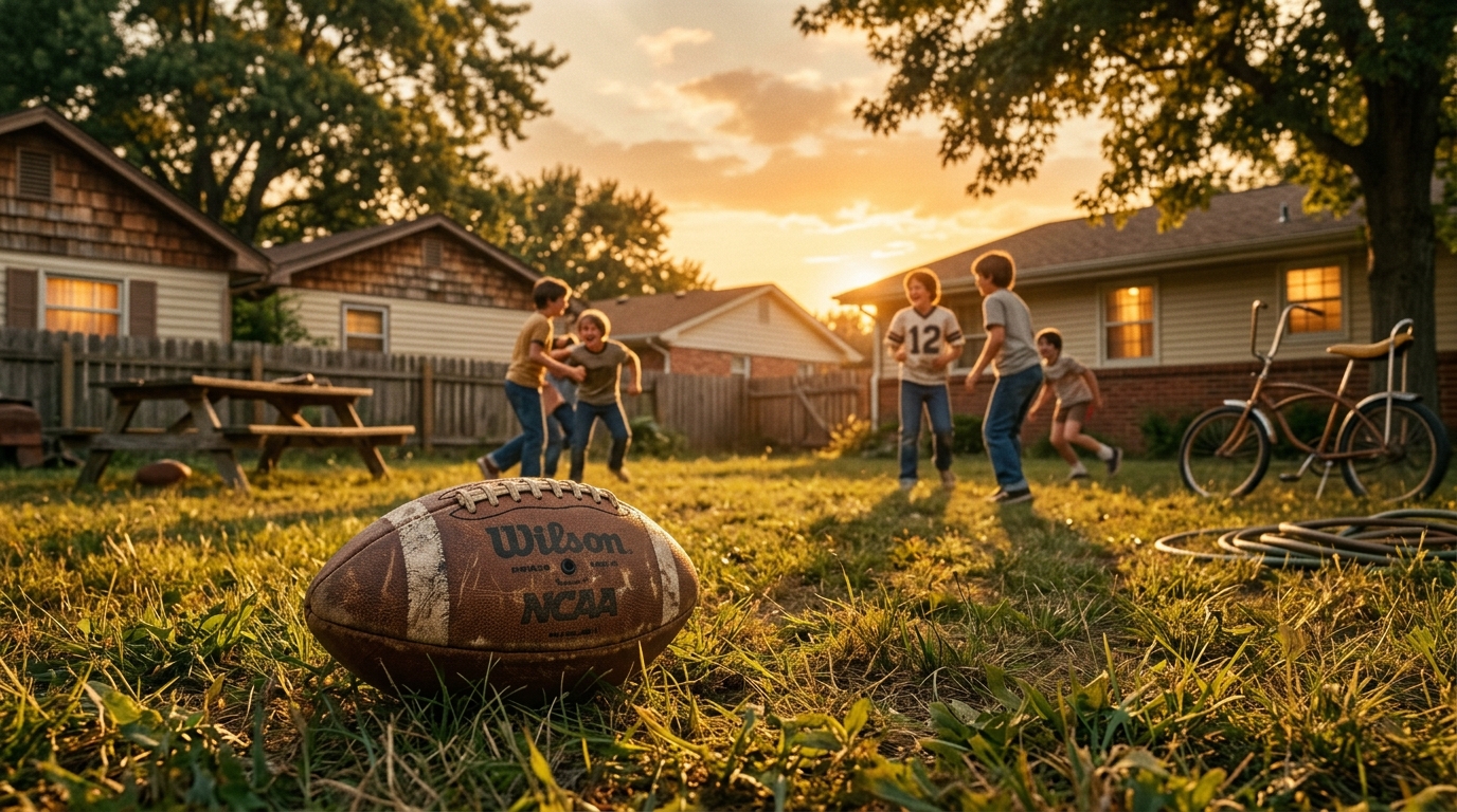 A worn patch of backyard grass used as a neighborhood football field in late summer light