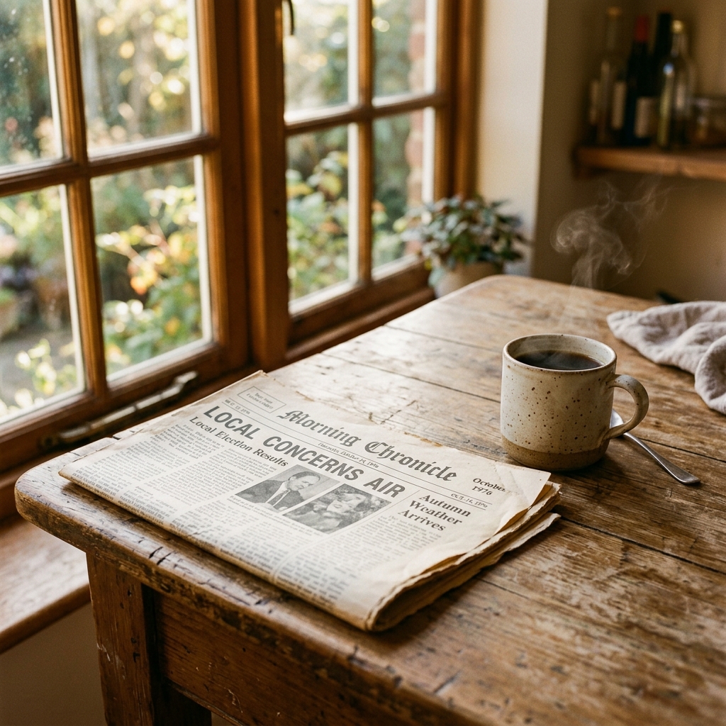 A folded newspaper and a coffee cup on a kitchen table in morning light