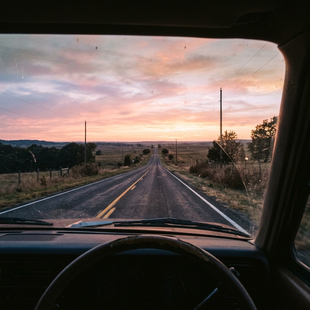 A long empty rural highway seen through a windshield at dusk