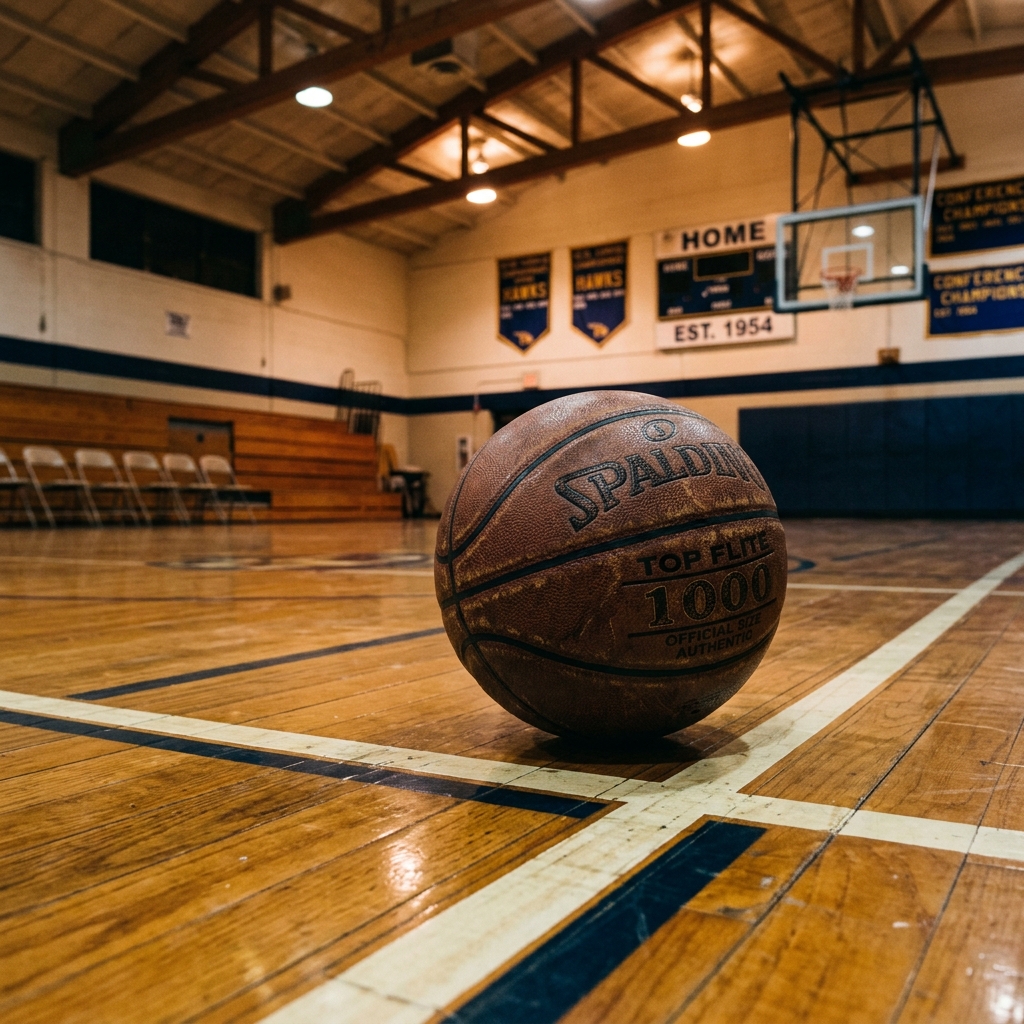 A loose ball on an empty hardwood floor under the lights of a small gym
