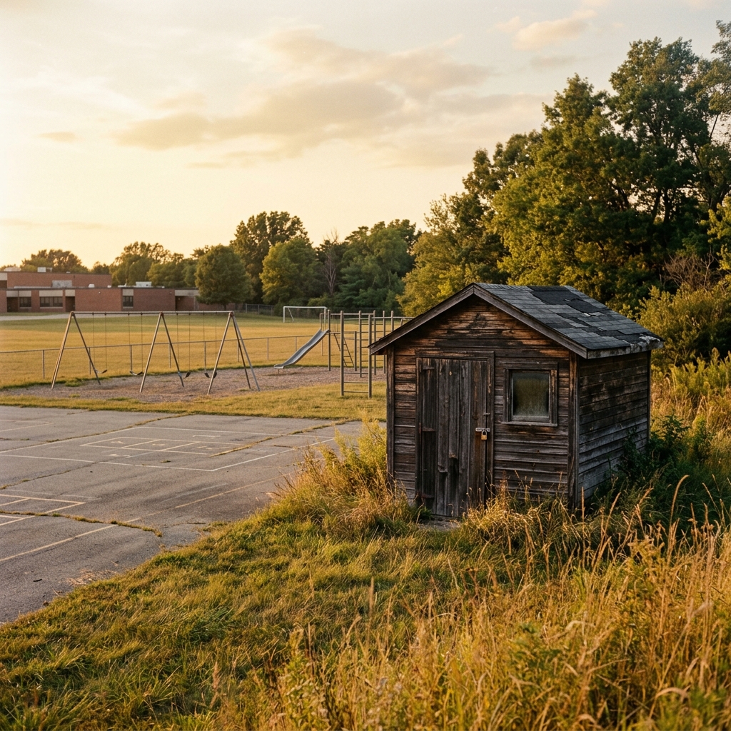 A weathered wooden shed at the edge of an empty schoolyard in afternoon light