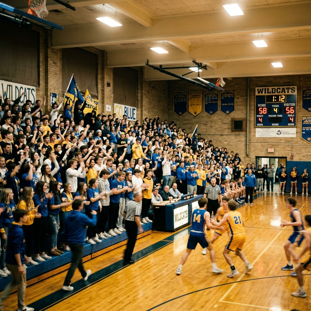 A packed small-town high school gymnasium during a game