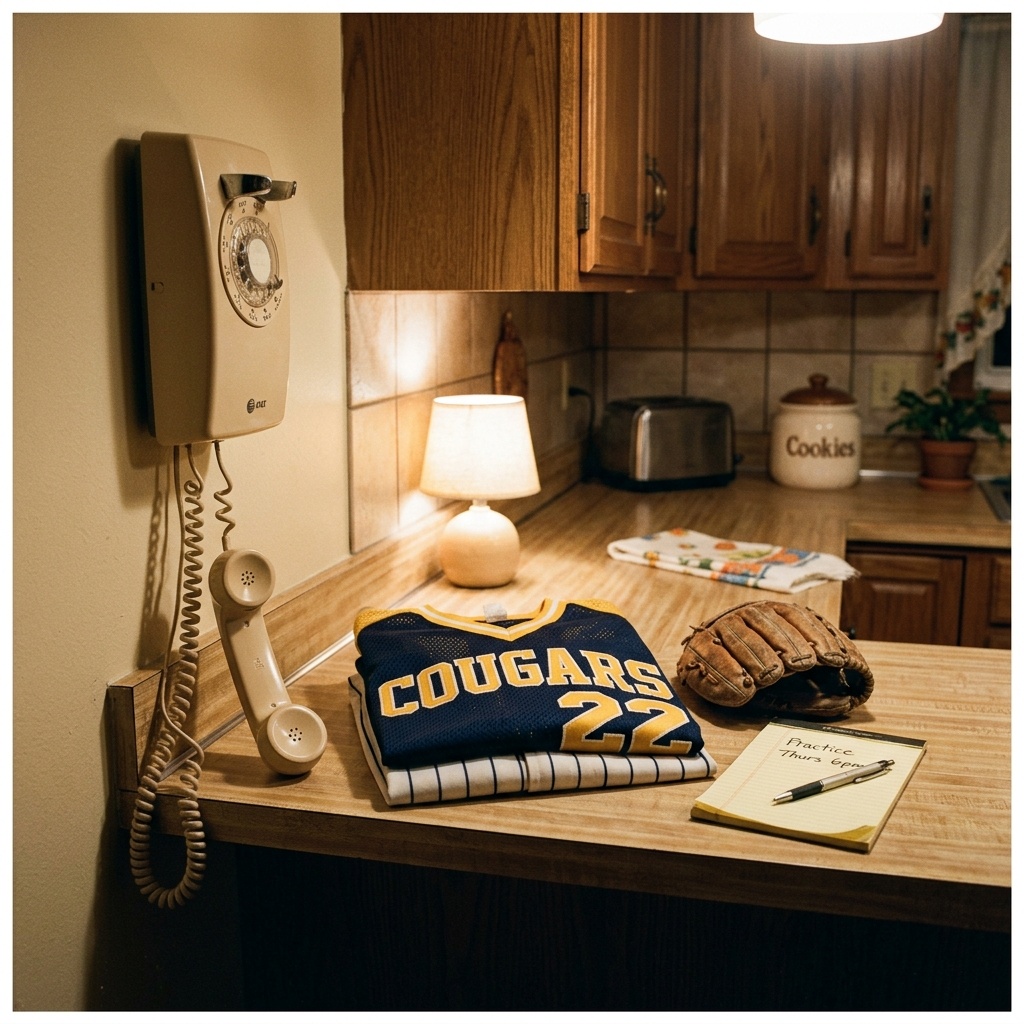 A kitchen counter at night with a phone off the hook beside a folded uniform