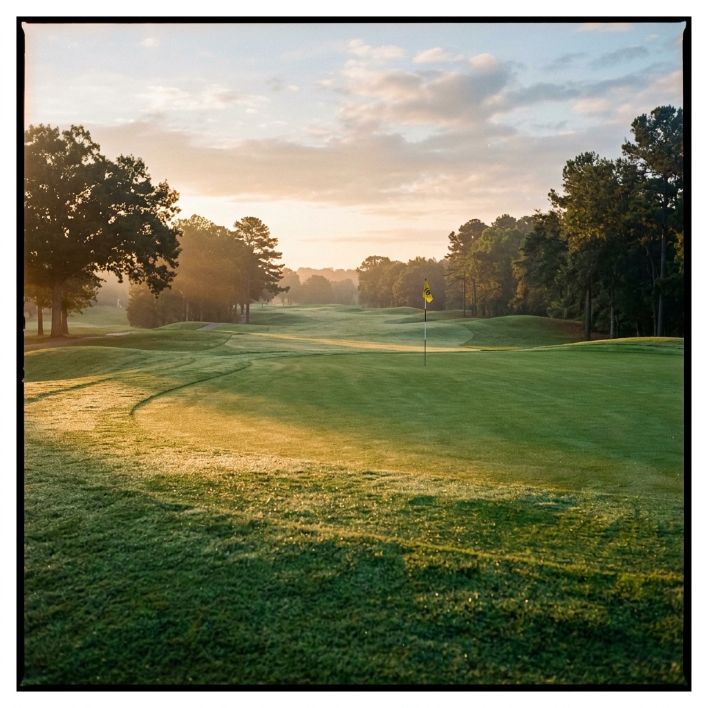 An empty golf fairway in early morning light with a distant flagstick