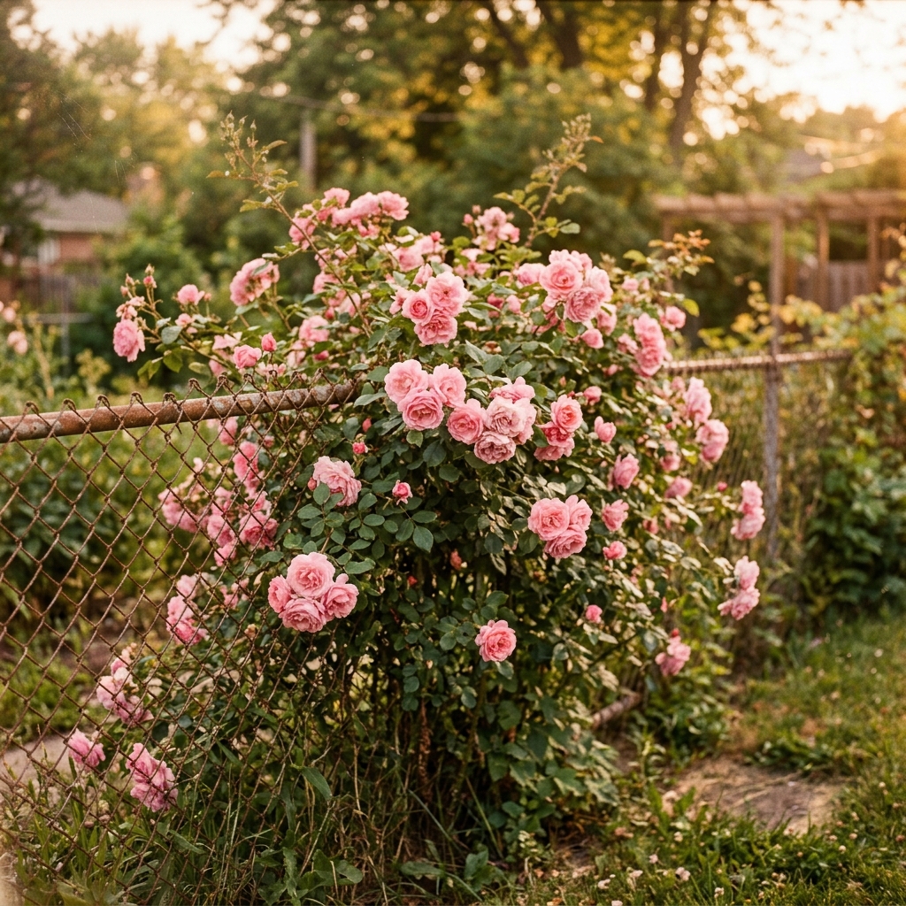 An overgrown rose bush against a chain-link fence in summer light