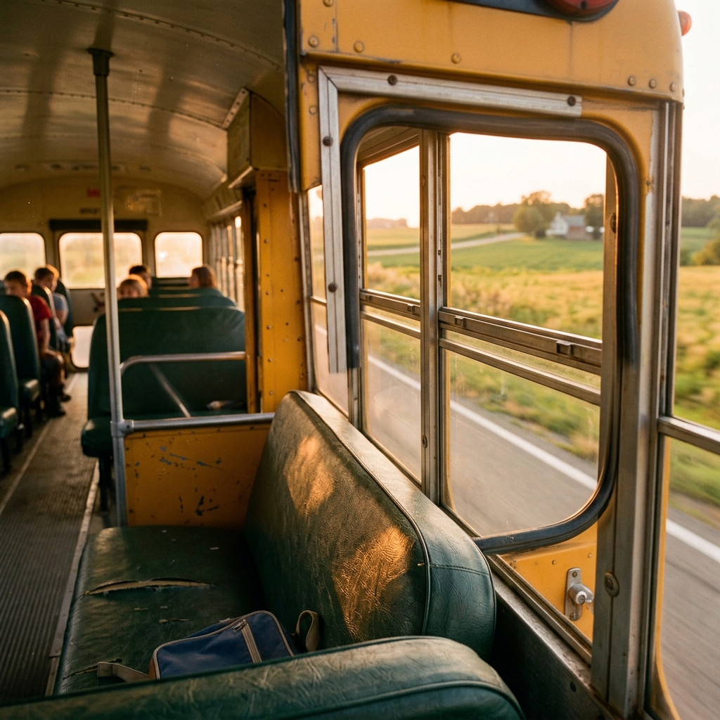 A school bus window cracked open above a country road in afternoon light
