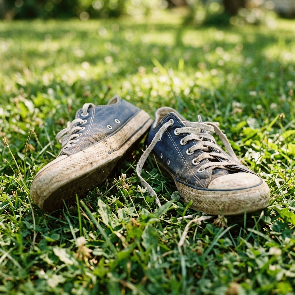 Worn canvas sneakers pressed flat into summer lawn grass