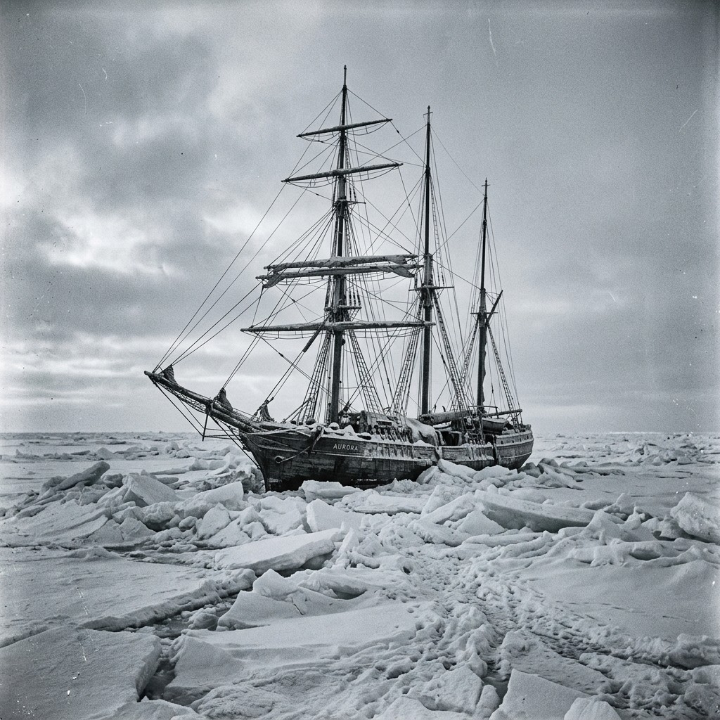 A wooden sailing ship locked in Antarctic pack ice under a pale winter sky