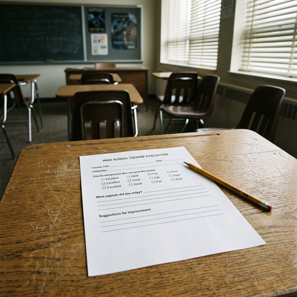 A blank evaluation form and a sharpened pencil on a classroom desk in an empty school room