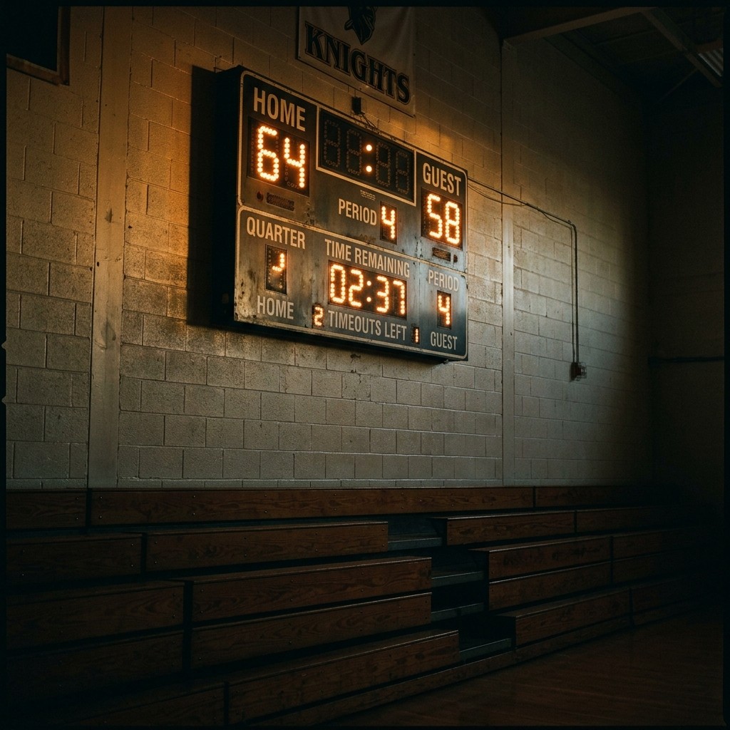 An old gym scoreboard glowing above empty bleachers in a darkened high school gym