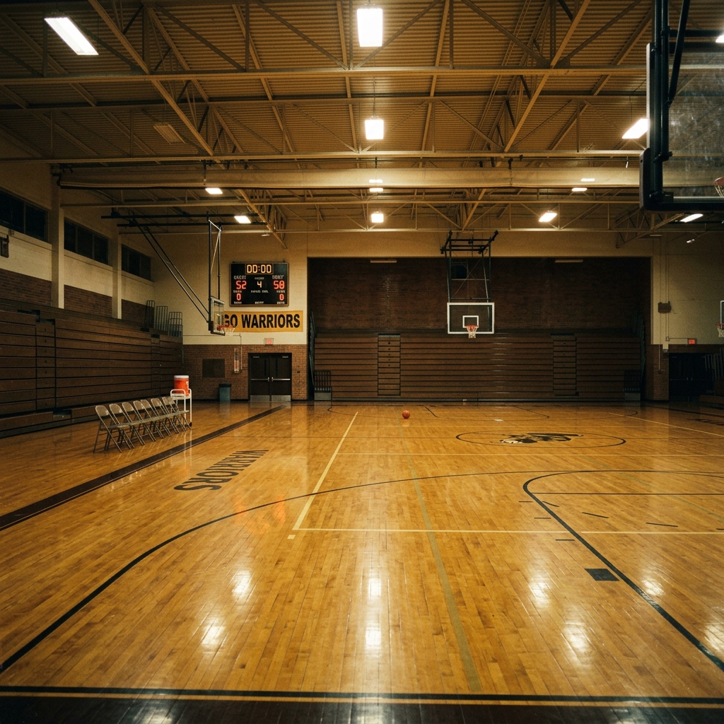 An empty high school gymnasium after a game, lights still on