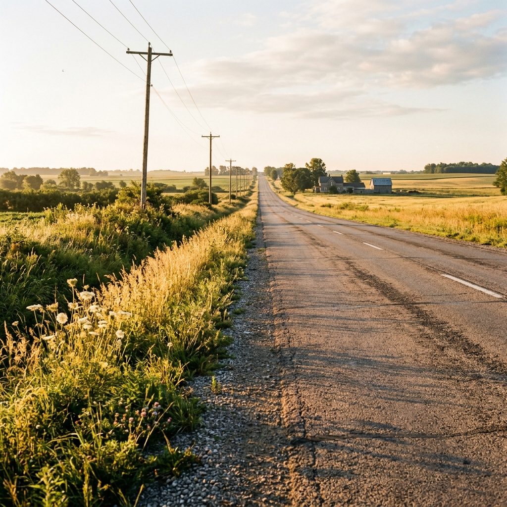 A long stretch of empty country road beside a ditch bank on a school morning
