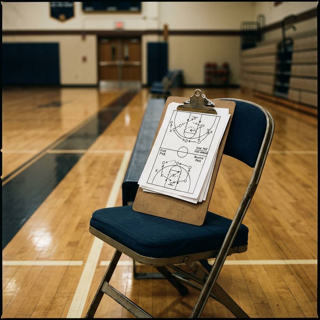 A coach's clipboard resting on a folding chair beside an empty team bench