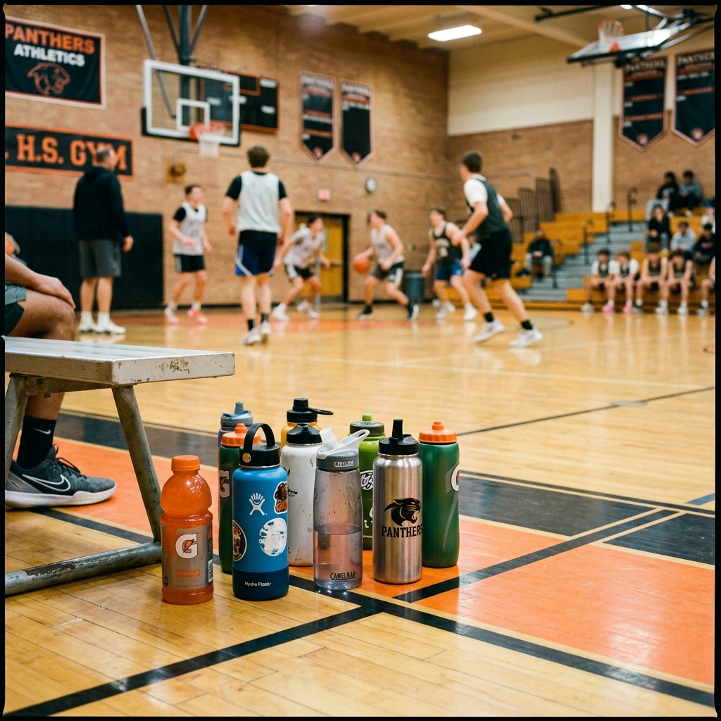 A line of water bottles on the sideline of a small school gym during tryouts