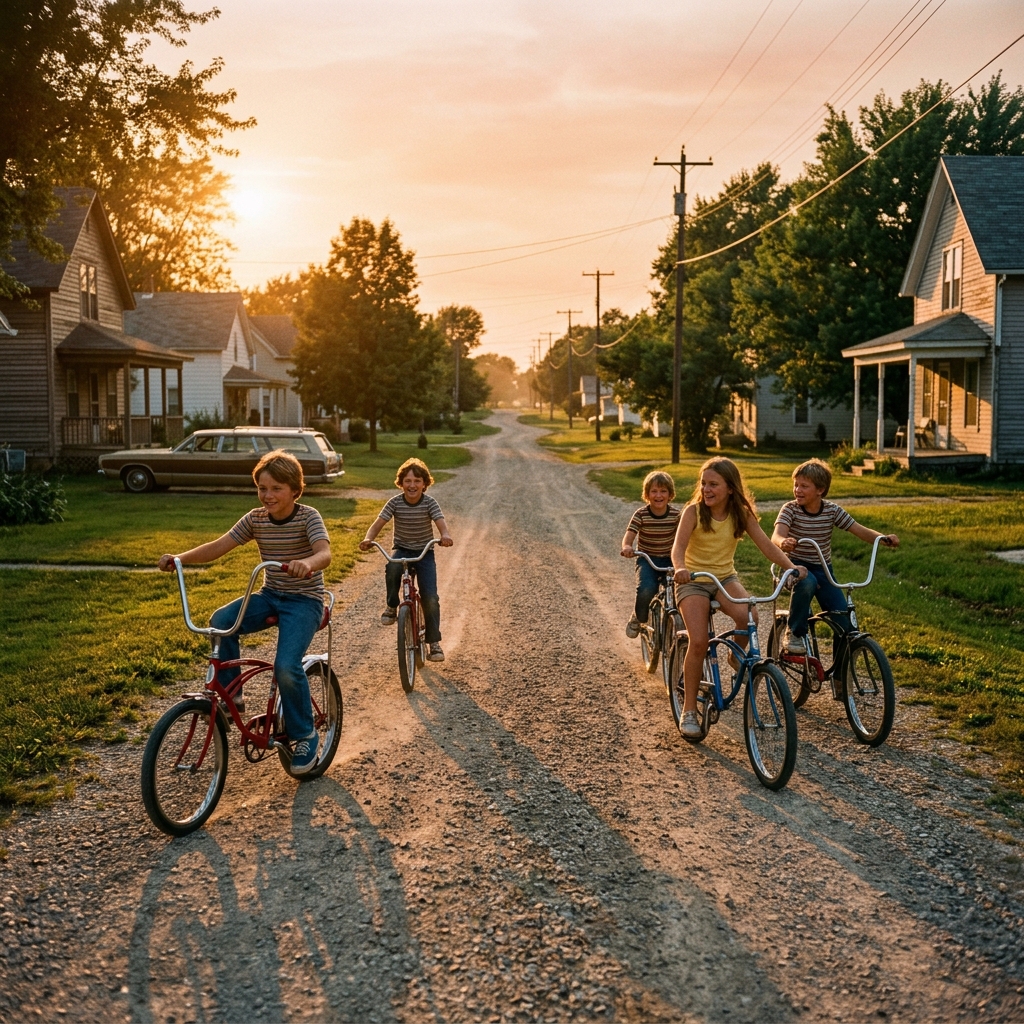 Kids riding bikes down a gravel street in a 1970s neighborhood at dusk
